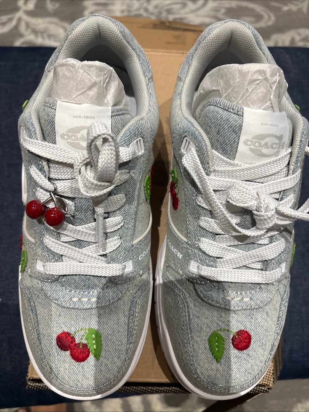 COACH Women's Soho Cherry Charm Ornament Detail Sneakers Denim/Optic White-8 - Picture 4 of 16